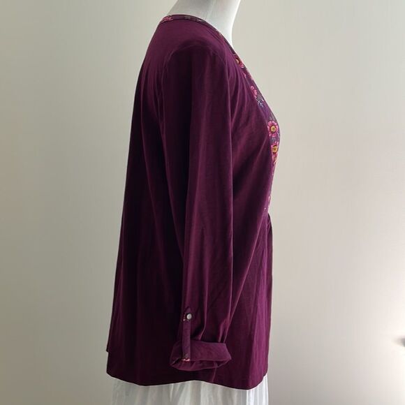 NWT St. John’s Bay Purple long roll up sleeve Flowers  women’s large  ST 11 - Picture 5 of 9